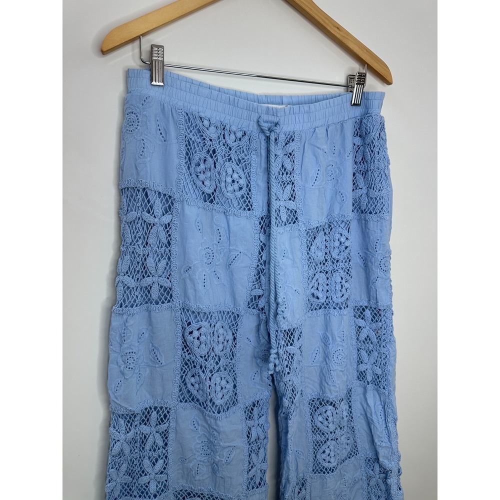 Altar'd State Hibiscus Patchwork Crochet Pants Light Blue Large Wide Leg Boho - Picture 10 of 12
